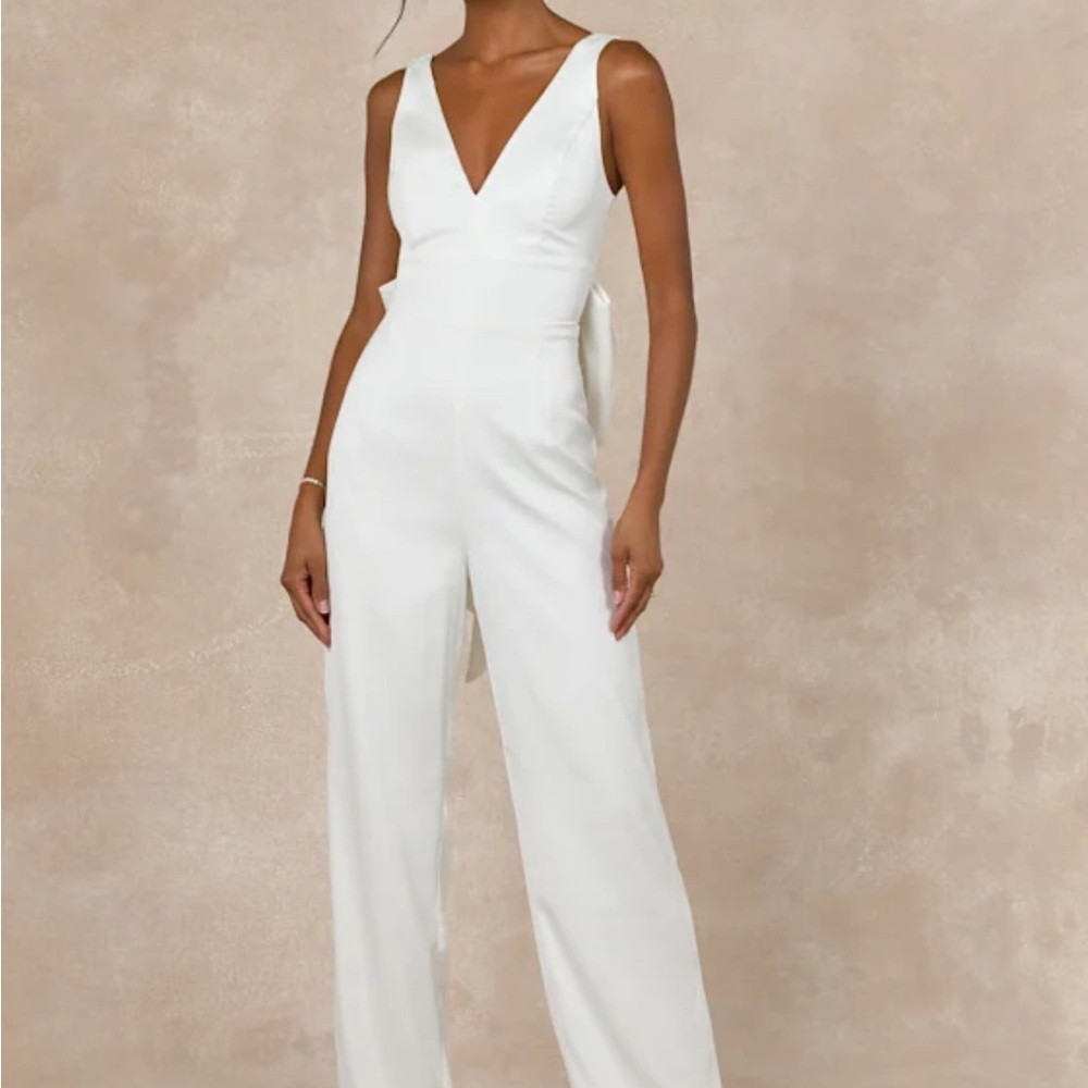 Lulus Angelic Aesthetic Ivory Satin Bow Back Sleeveless Jumpsuit
